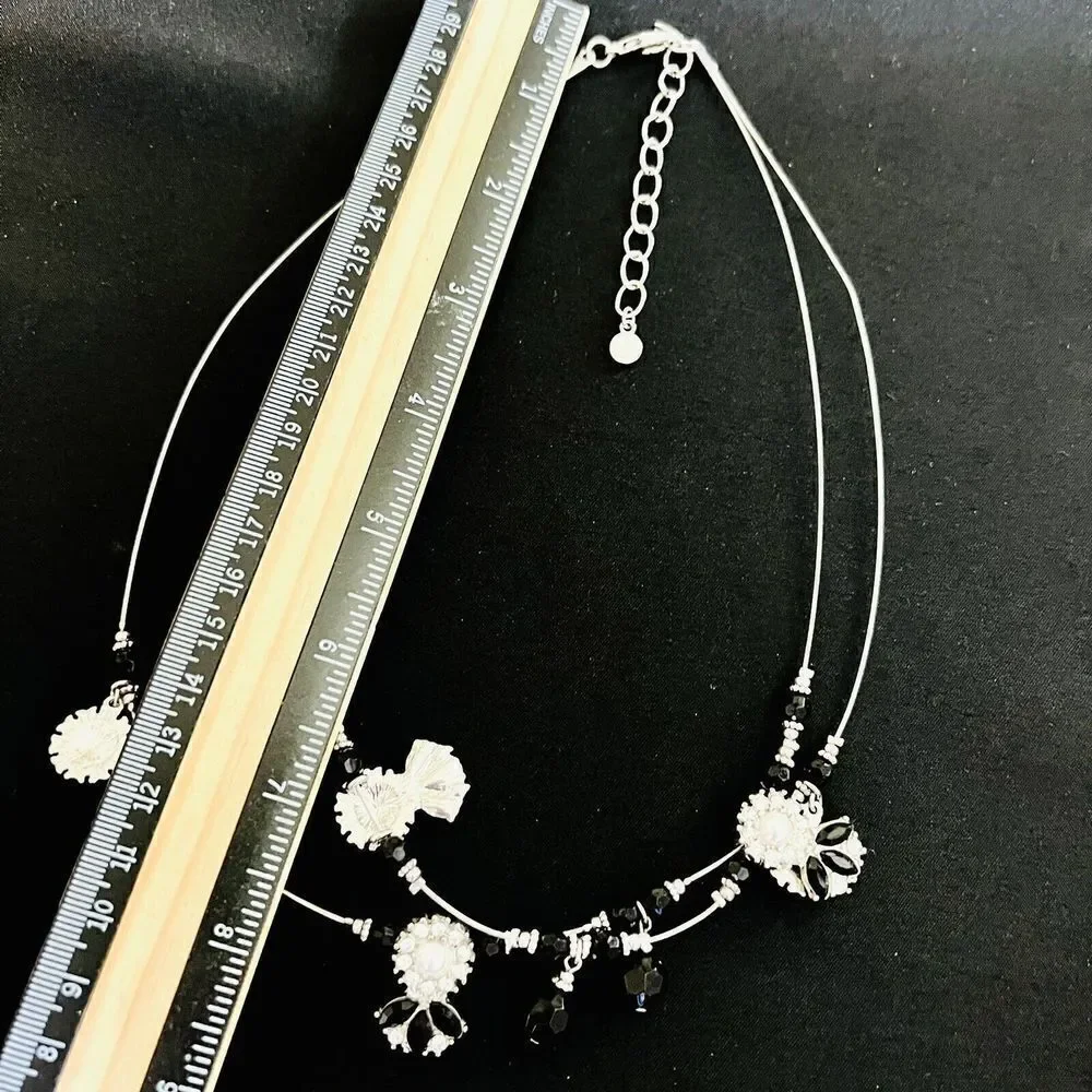 Ruby Rd. Two Strand Wire Layered Rhinestone Necklace Silver Black Tone 4448